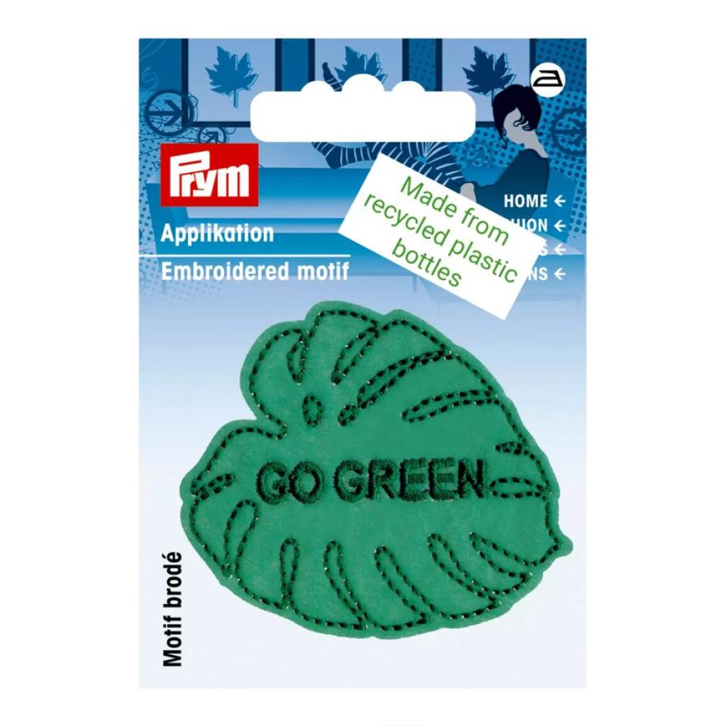 Bügelbild Applikation Blatt grün "Go Green" recycled